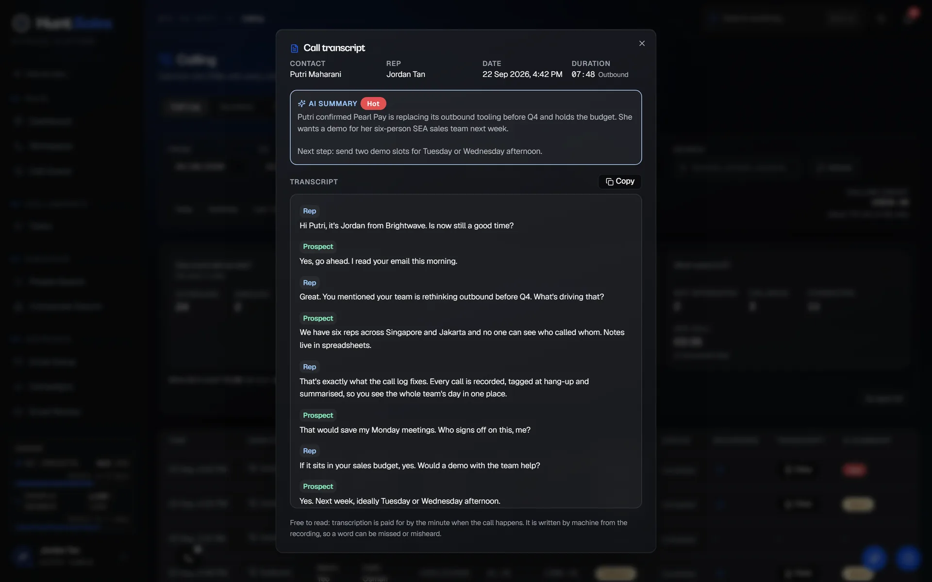 The HuntSales Call Log with AI summaries, outcomes and recordings on each call