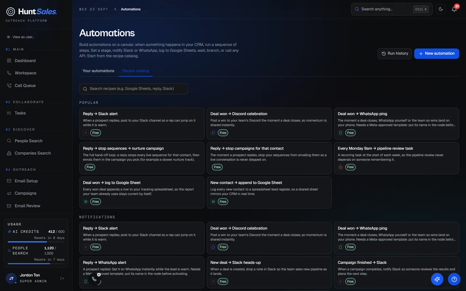 The automations list with ready-made recipes to start from