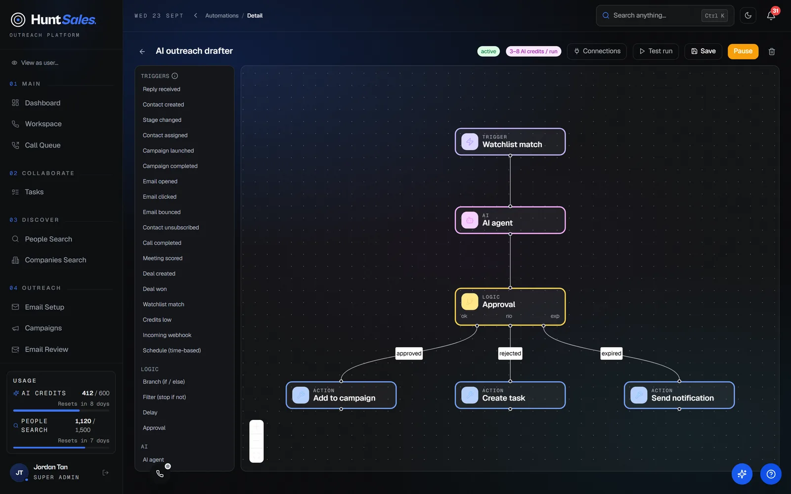 The automation canvas: a Deal won trigger branching into a Create task step and a Slack message