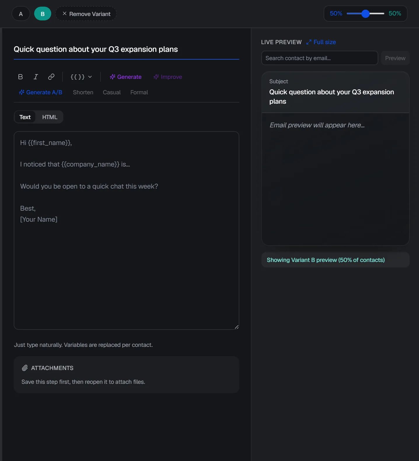 HuntSales step editor with A/B variant tabs, a 50/50 traffic split, live preview and spam score