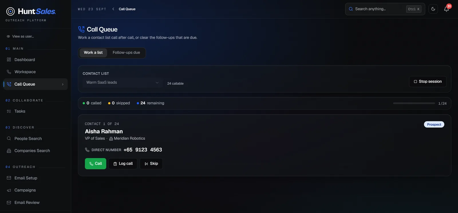 A dialing session showing the current contact with call, log outcome and skip actions