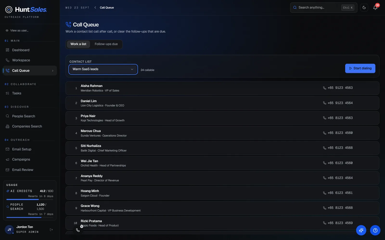 Call Queue with a contact list loaded and ready to dial