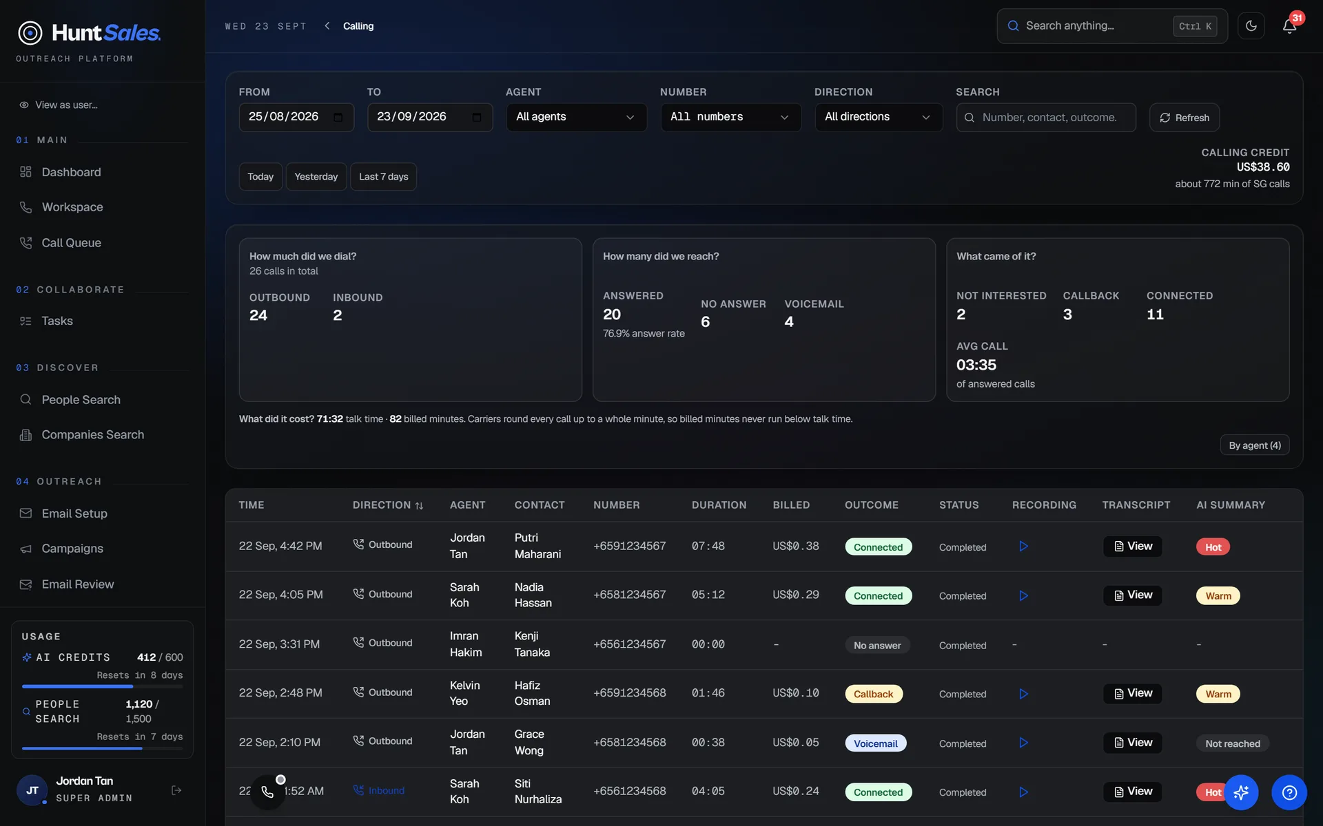 HuntSales Call Log with agents, outcomes, durations and recordings