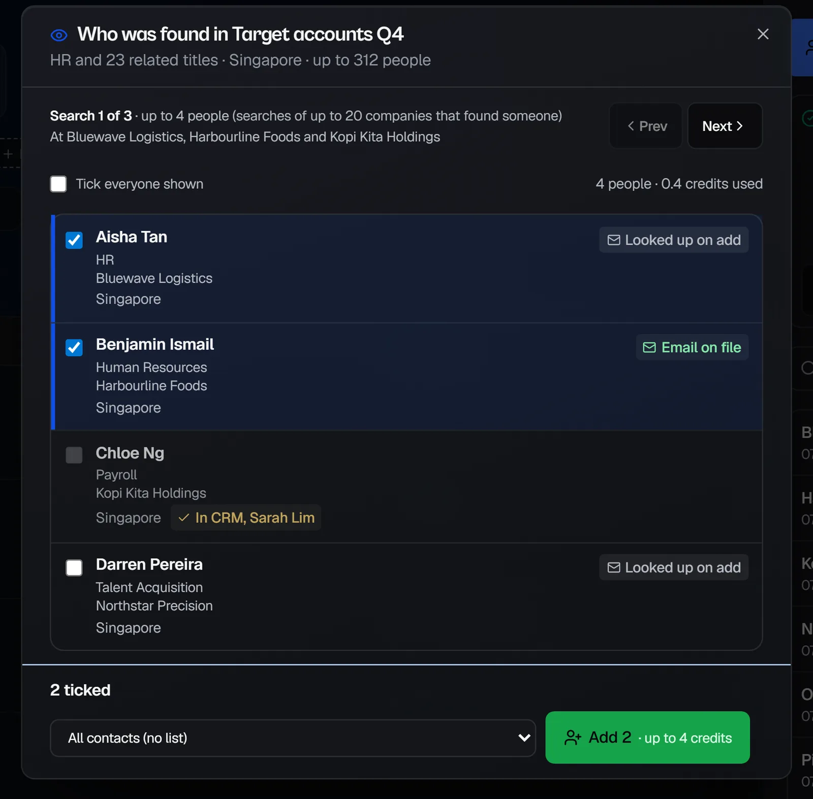 See who they are, showing the people found in a company list with two of them ticked to add