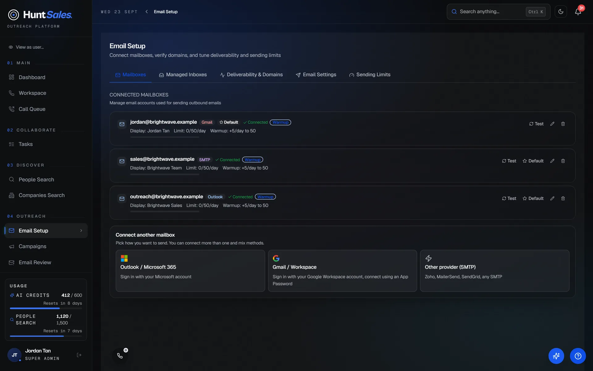 HuntSales Email Setup showing connected Gmail, Outlook and SMTP mailboxes with warm-up and daily limits