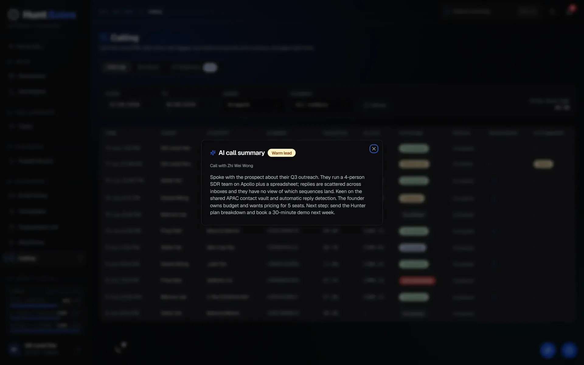 An AI call summary with a buying-temperature badge and next steps