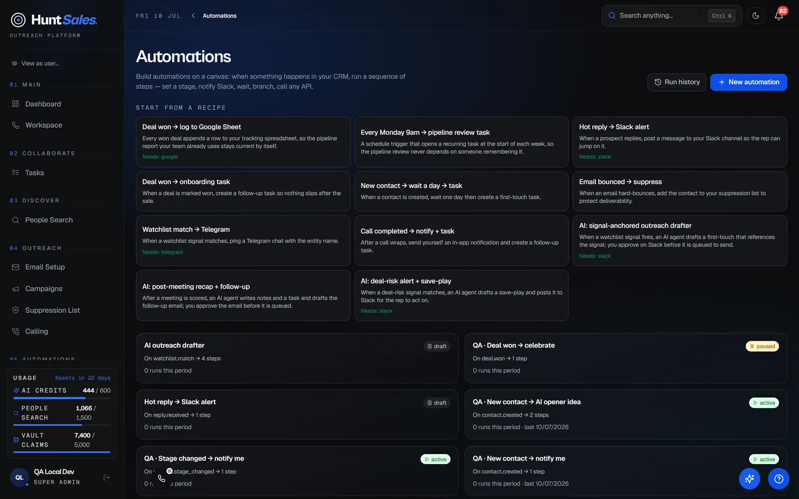 The automations list with ready-made recipes to start from