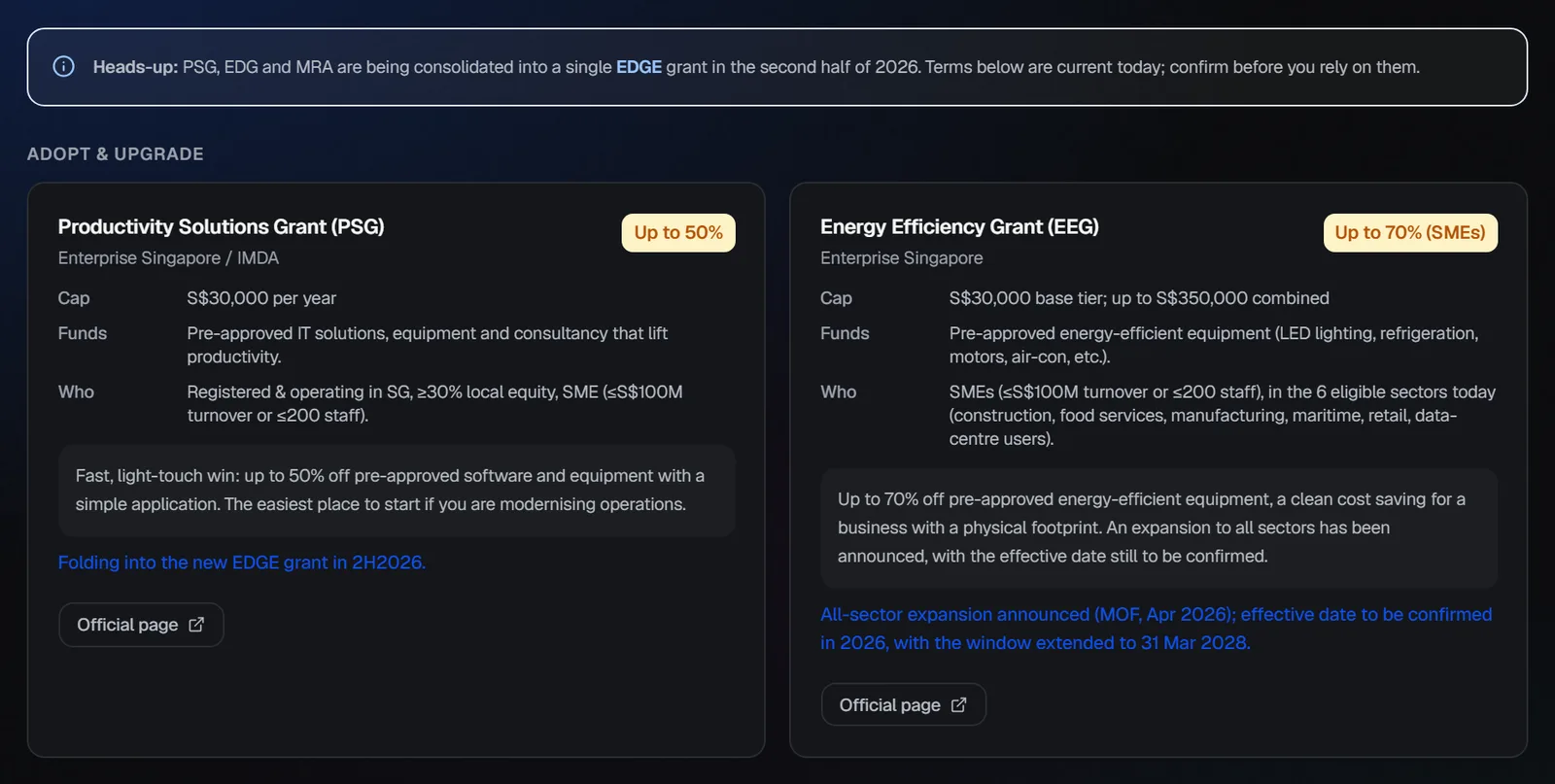 The grants heads-up banner flagging the PSG, EDG and MRA consolidation into EDGE, with effective dates on each scheme