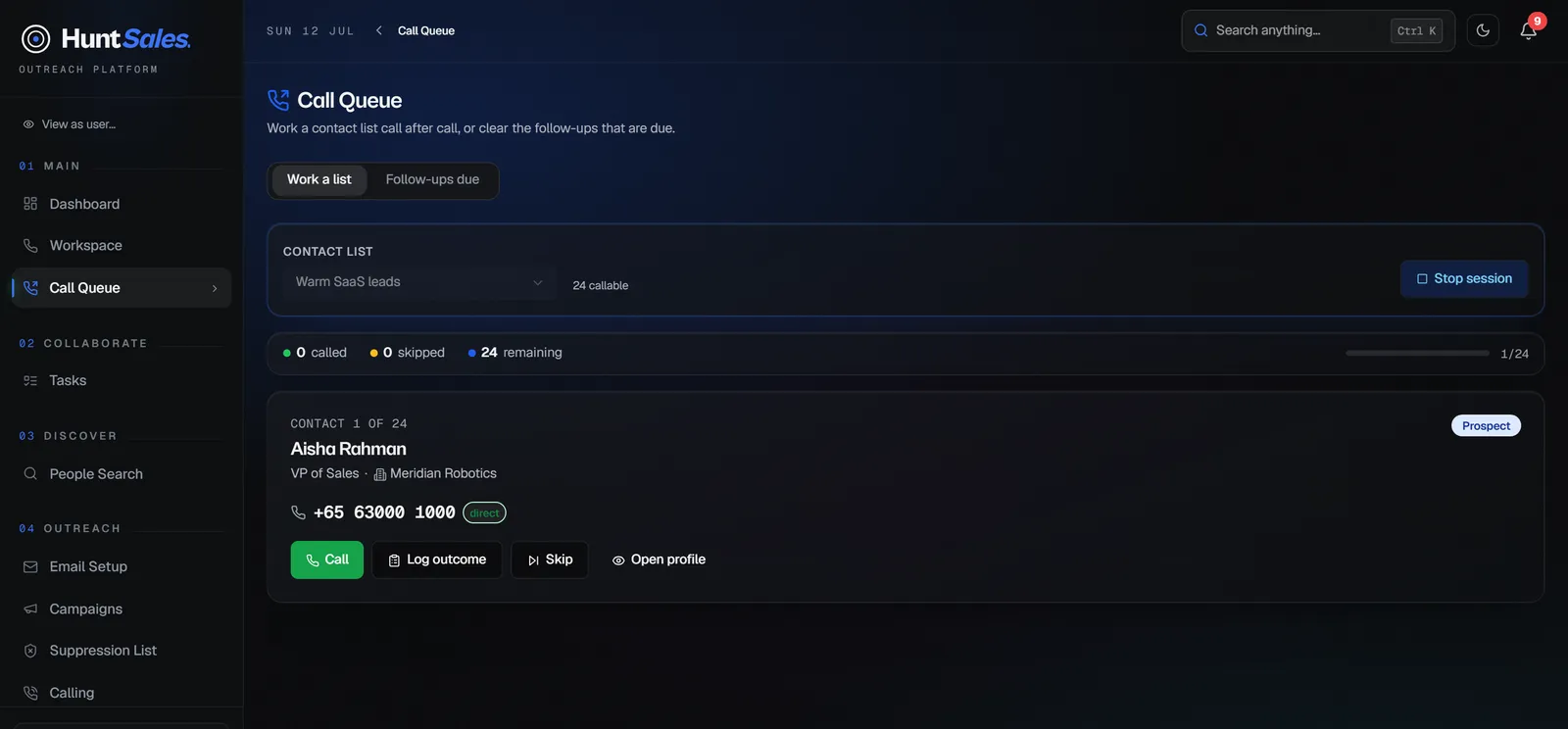 A dialing session showing the current contact with call, log outcome and skip actions