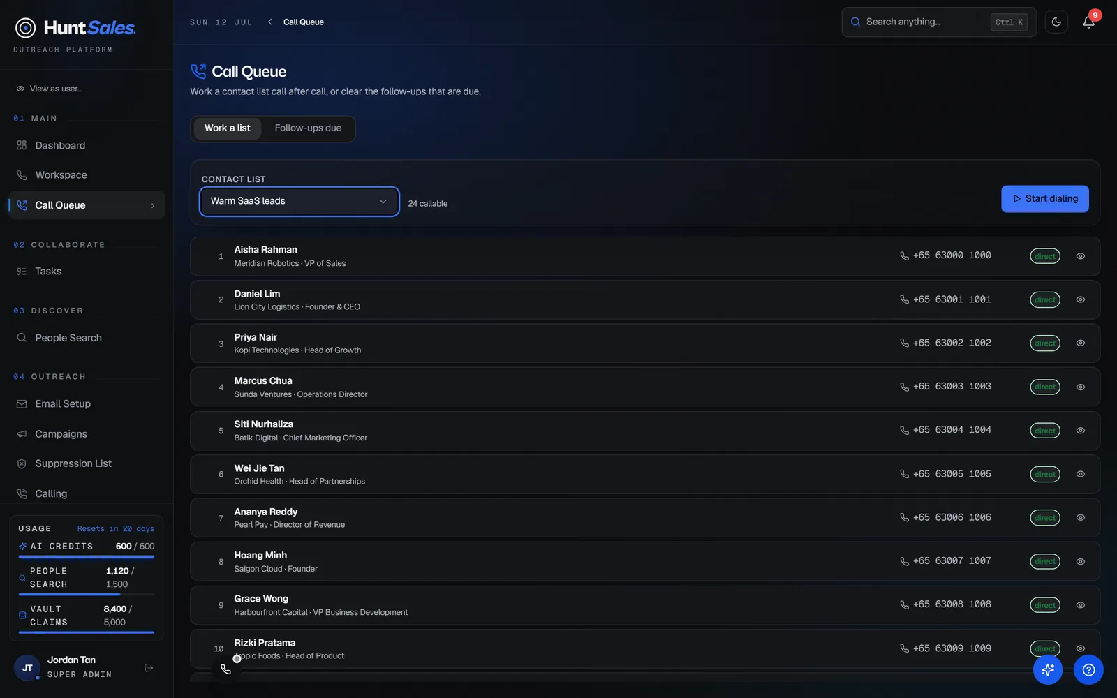 Call Queue with a contact list loaded and ready to dial