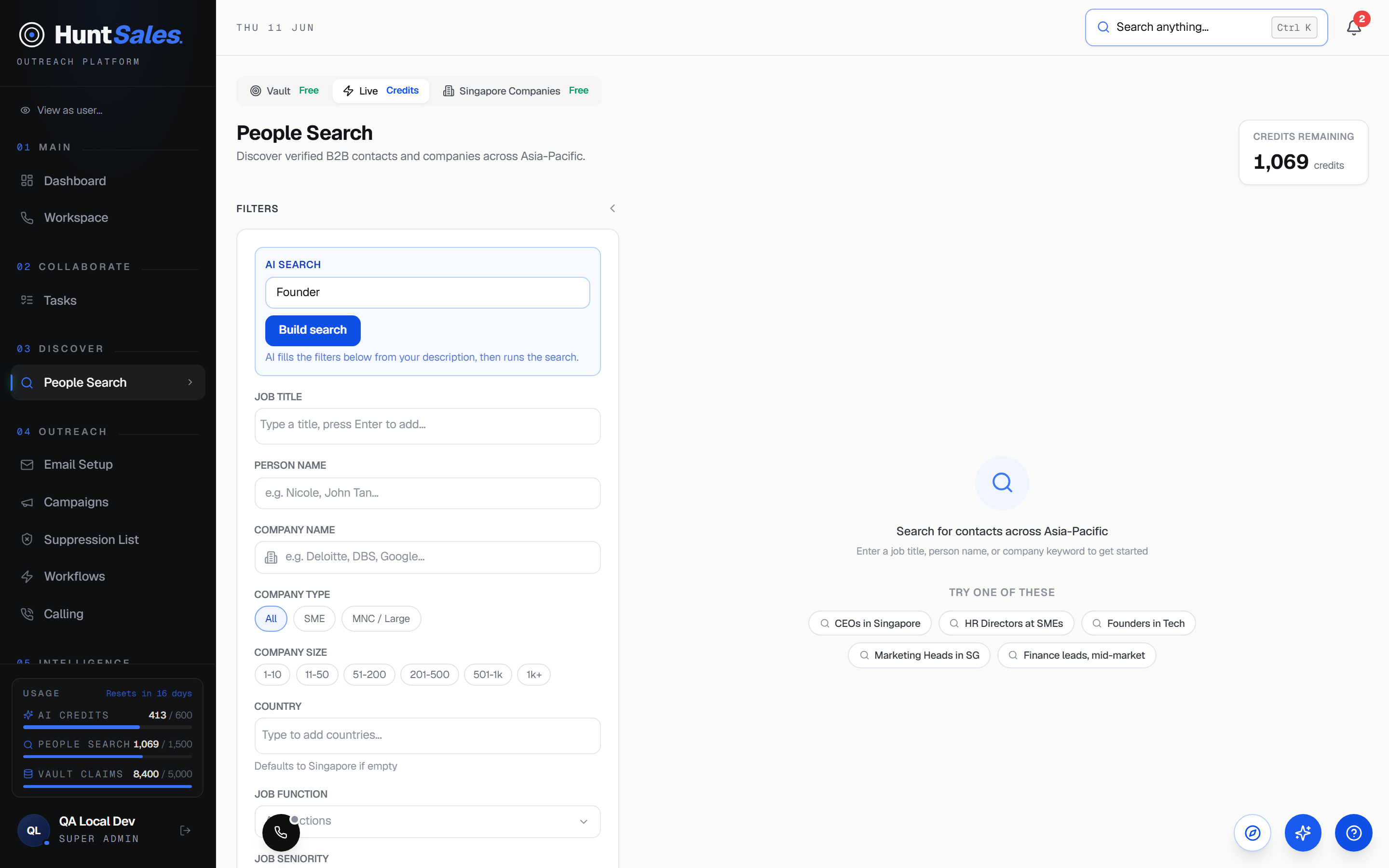 HuntSales Live search with AI-built filters and transparent credit balance