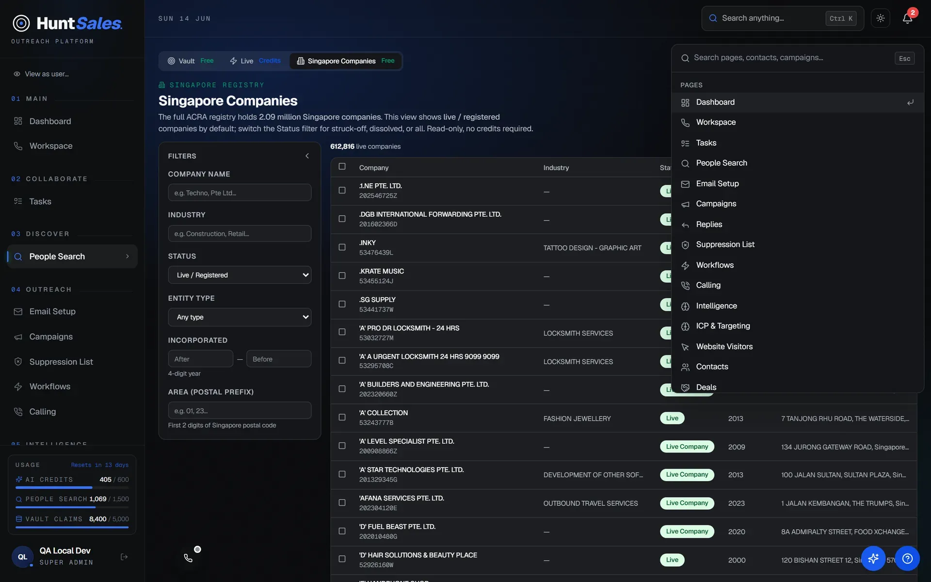 HuntSales Live search with AI-built filters and credit balance