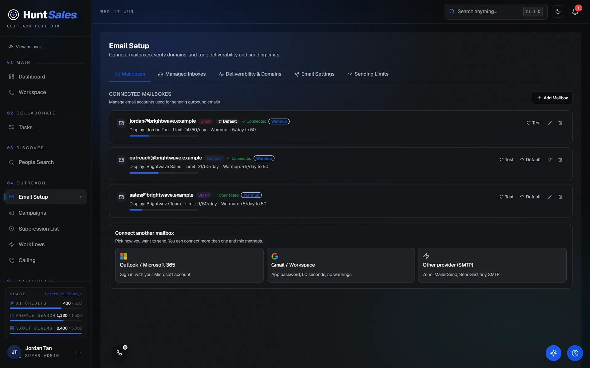 HuntSales Email Setup showing connected Gmail, Outlook and SMTP mailboxes with warm-up and daily limits