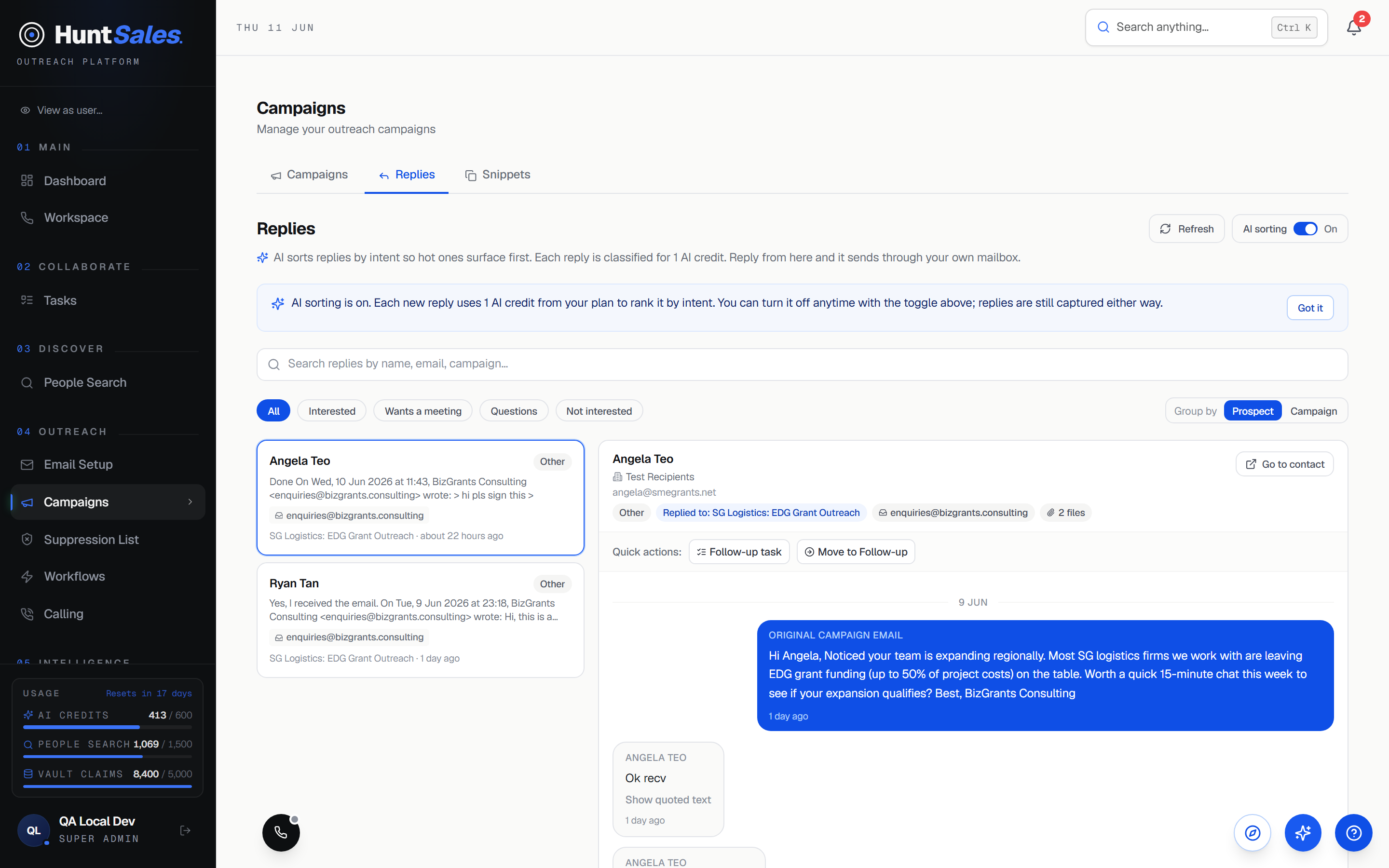 HuntSales replies inbox with AI intent sorting and a threaded conversation