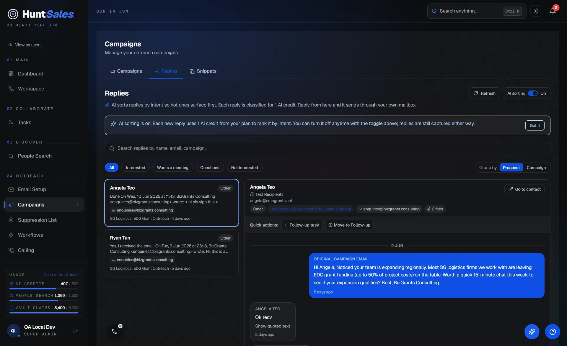 HuntSales replies inbox with AI intent sorting and a threaded conversation