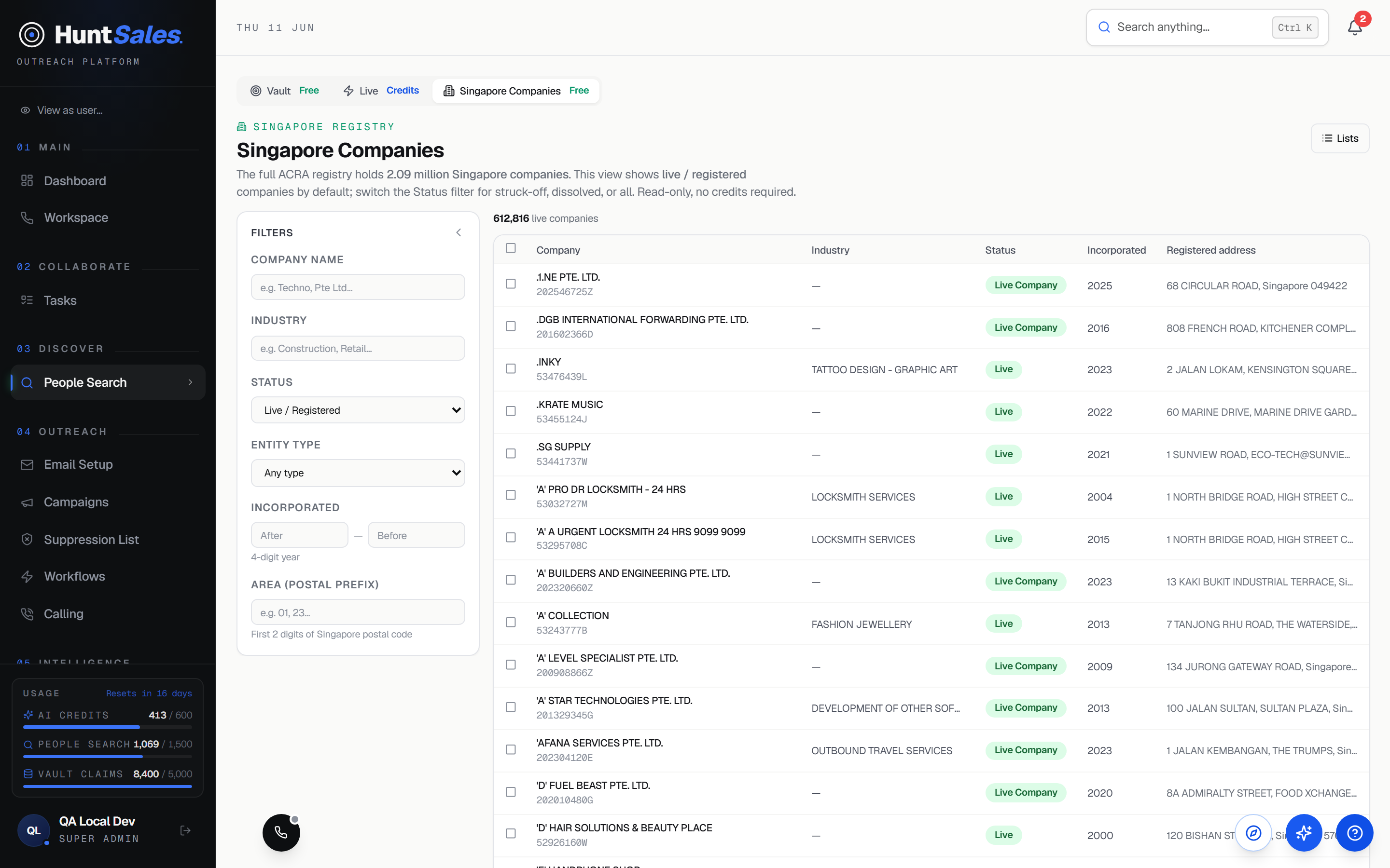 HuntSales Singapore Companies registry search with UEN, status and incorporation filters