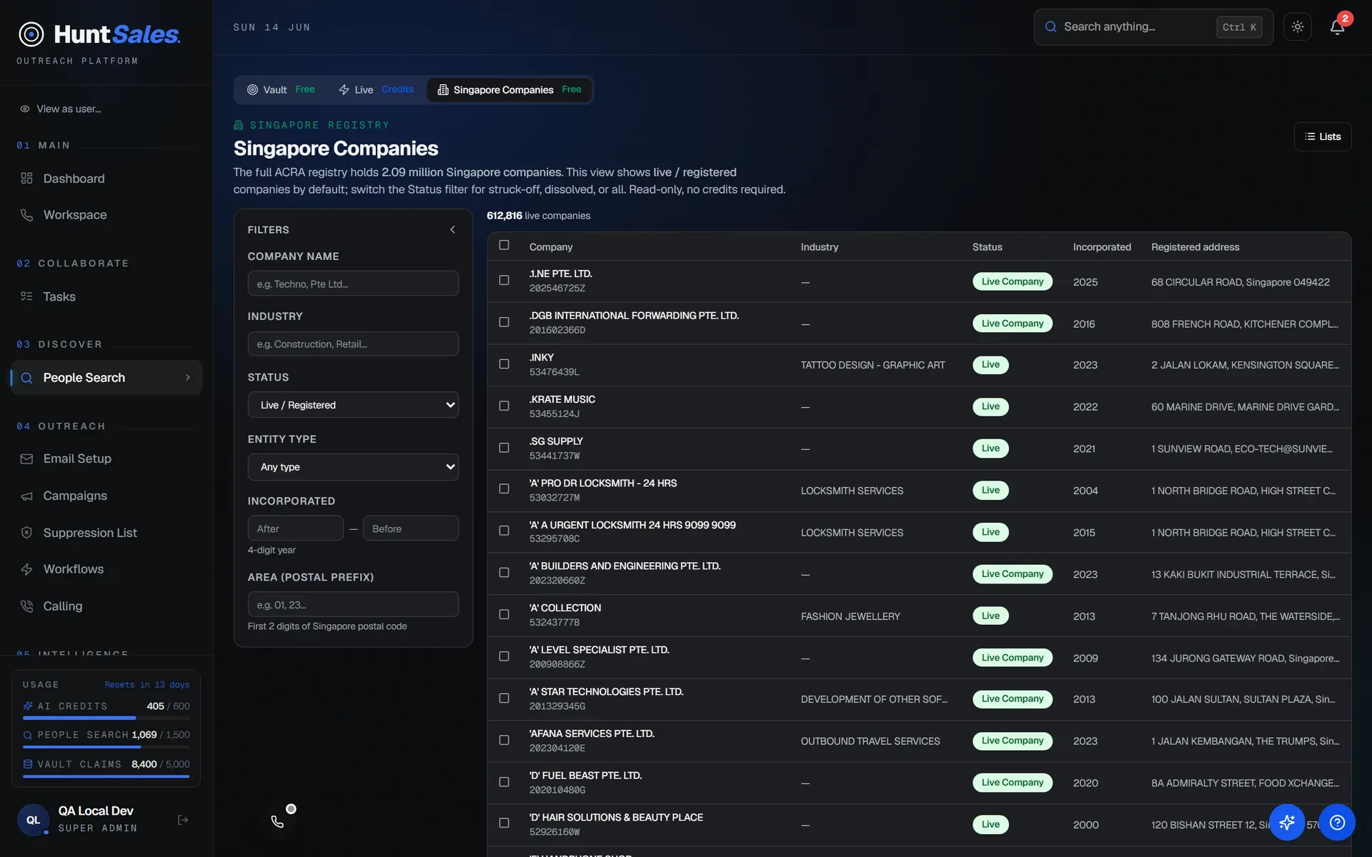 HuntSales Singapore Companies registry search with UEN, status and incorporation filters