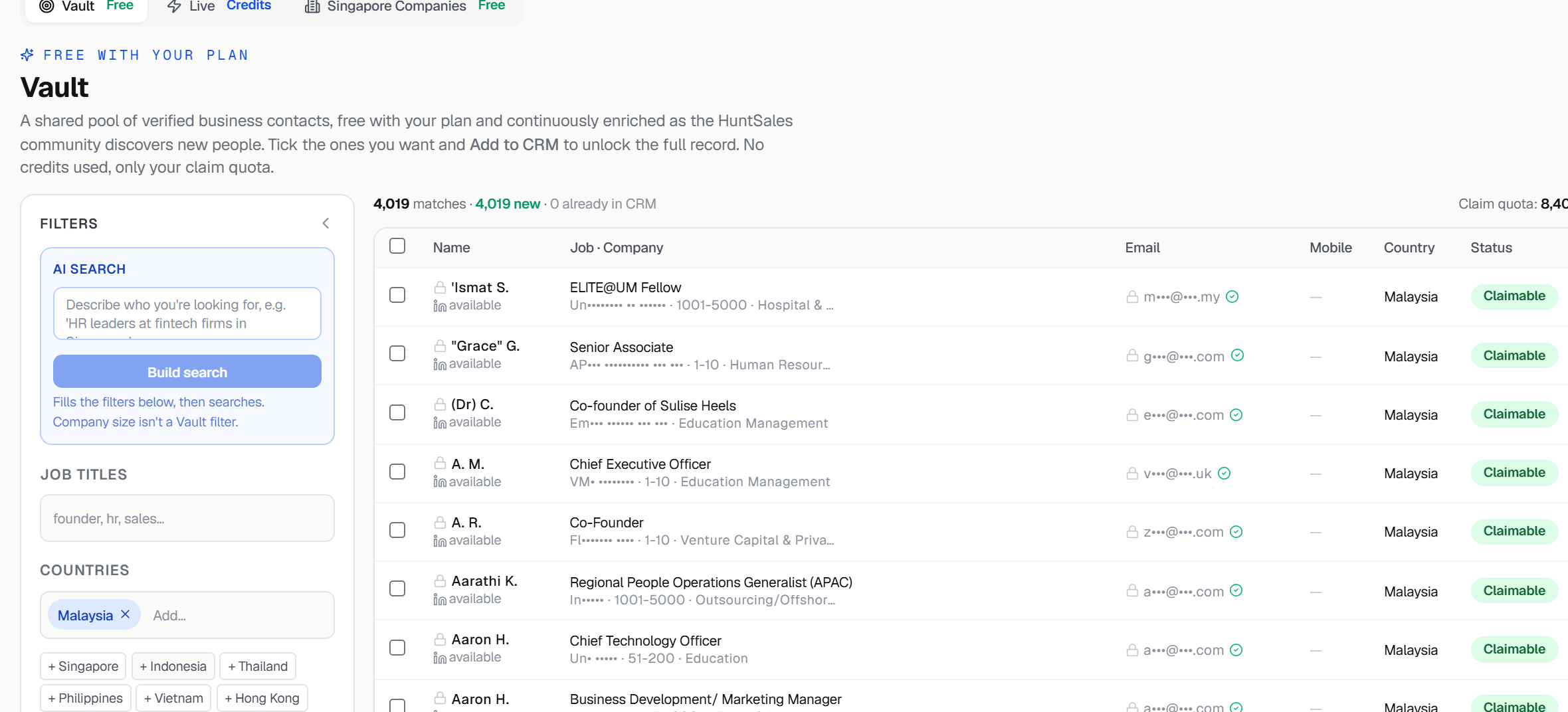 HuntSales Vault search results with verified APAC contacts and claimable rows