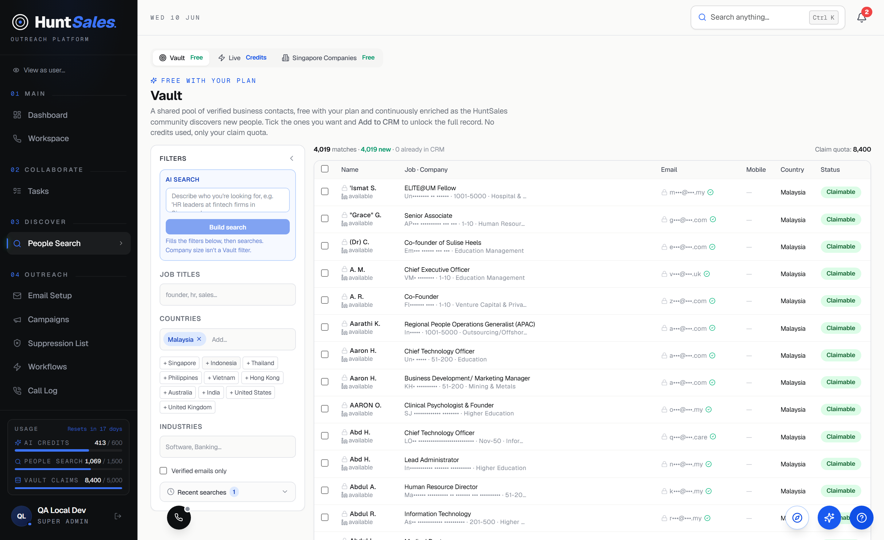 HuntSales Vault search over the Singapore B2B database